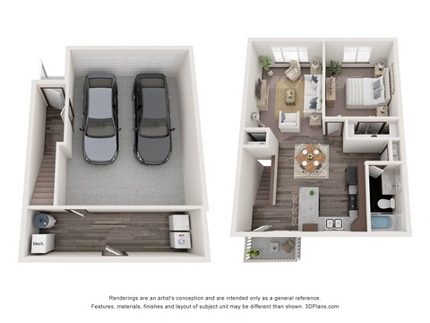 a stylized floor plan of a two bedroom apartment with two cars in the parking lot
